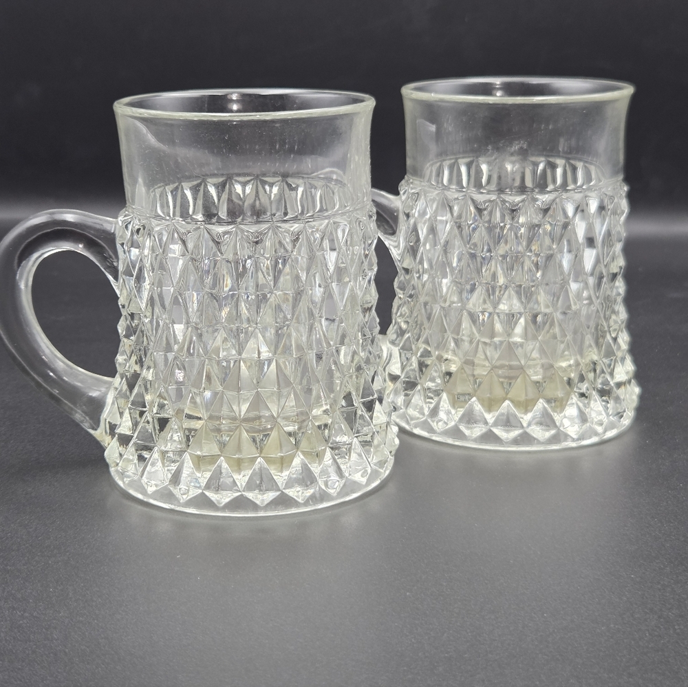 Indiana Glass Diamond Point Handled Coffee Mug Clear Cup Beer Set of 2